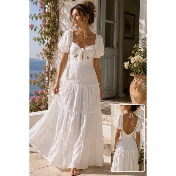 SkyLar Rose Dresses & Skirts - White Nap Dress Cottagecore Coquette Maxi Puff Sleeve Open Back L Skylar Rose